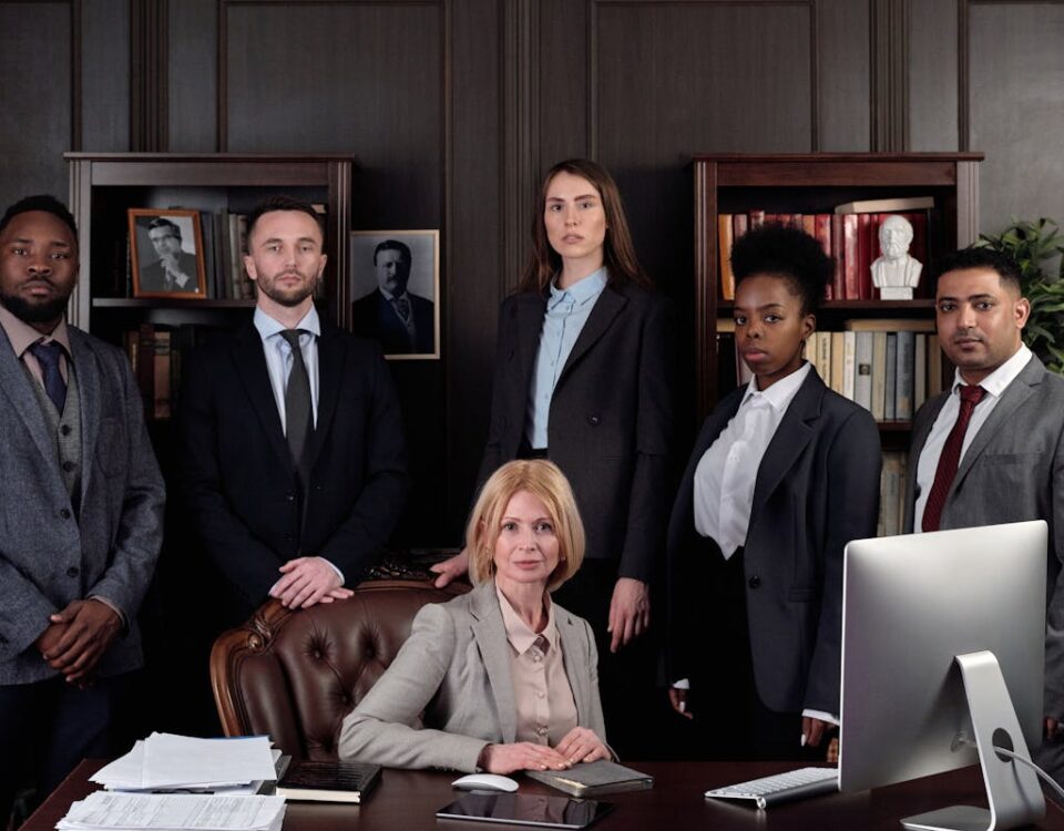Ferramentas online ajudam a pesquisar advogados especialistas Diverse group of professionals in corporate attire posing confidently in an office environment.