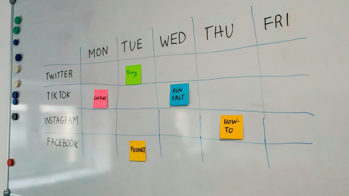 A IA já monta escalas de trabalho sem conflito de horários? Quadro branco com grade semanal de segunda a sexta e post-its coloridos