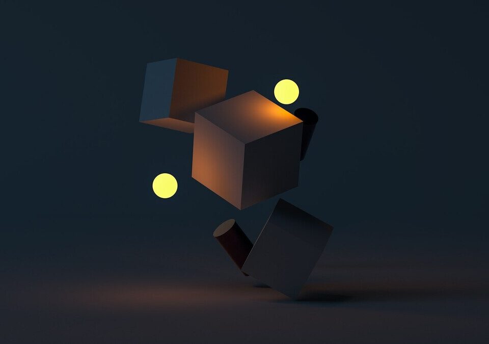 Cubos e esferas em renderização 3D